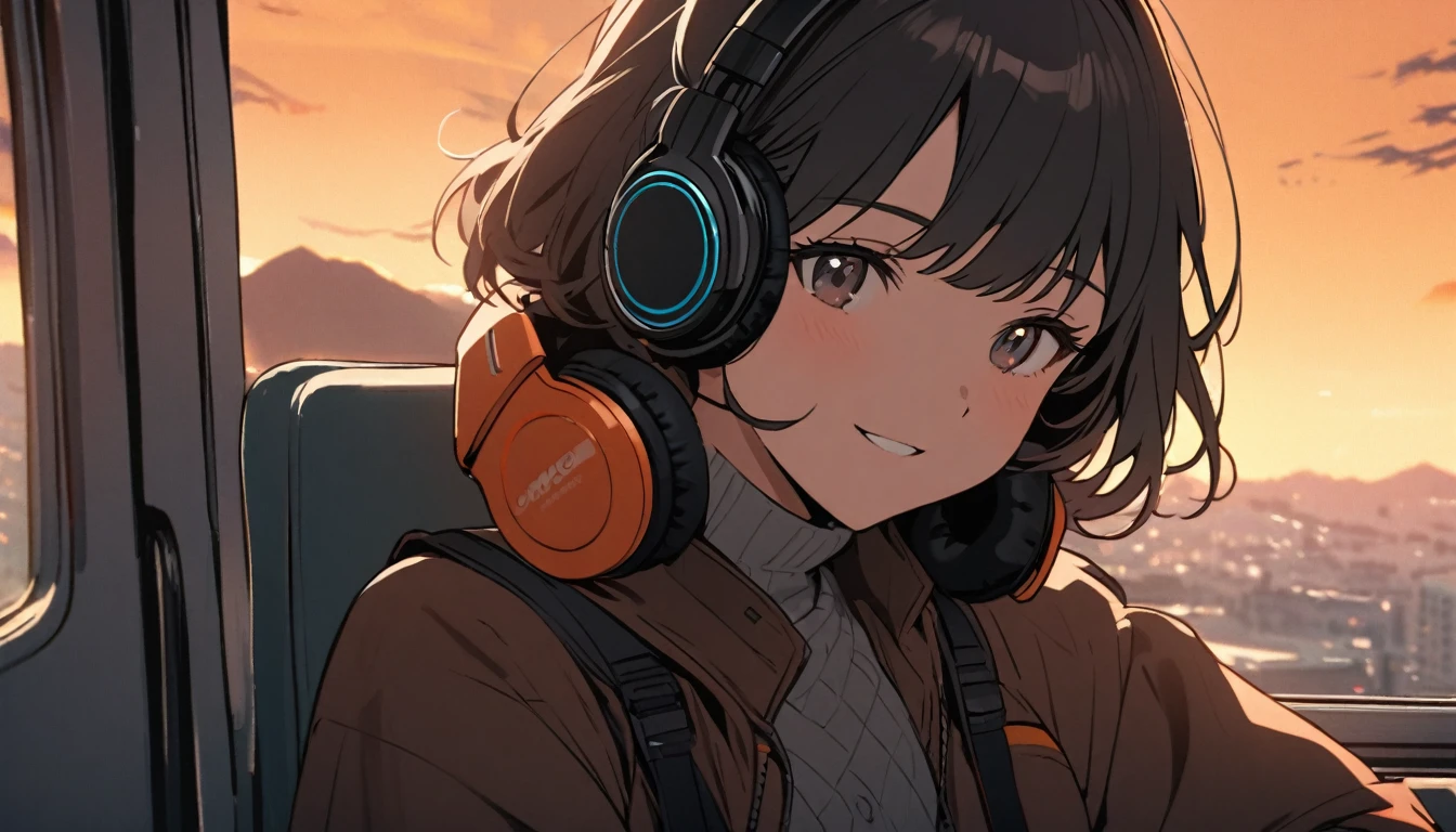 black short hair girl wearing headphones,Traveling,One girl,relax,The background is dusk, gentle smile on her face