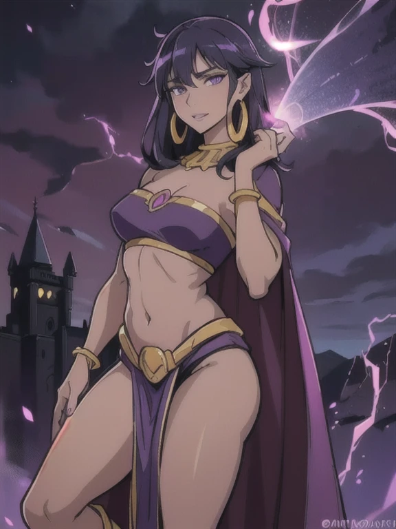 Fantasy style, Fantasy environment, A beautiful young sorceress (1 girl), dark-skinned female, with long purple flowing hair, purple eyes, purple iris, mascaras purple eyeshadow, smile, purple lipstick, medium breasts, ((Wearing: golden ringed earrings, purple cape, purple strapless top, purple loincloth, pelvic curtain, golden armlets, golden boots)), looking mature and alluring at 28 years old, (detailed eyes, detailed lips, extremely detailed face), both hands glowing bright purple, purple magic, bright purple sparks in both hands, intricate detailed portrait, photo realistic, 8k, highly detailed, cinematic lighting, warm color palette, castle ruins background, detailed foliage, golden hour lighting, dramatic lighting, dramatic pose, sensual, alluring, captivating gaze, masterpiece, (Night time, ethereal and magical atmosphere, outdoors, dark clouds in the sky, purple lighting, purple and magenta aroura's in the surroundings, gorgeous view of the mountains)
