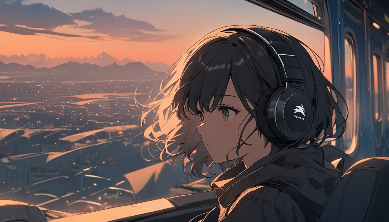 Black short hair girl wearing headphones,Traveling,One girl,relax,The background is dusk
