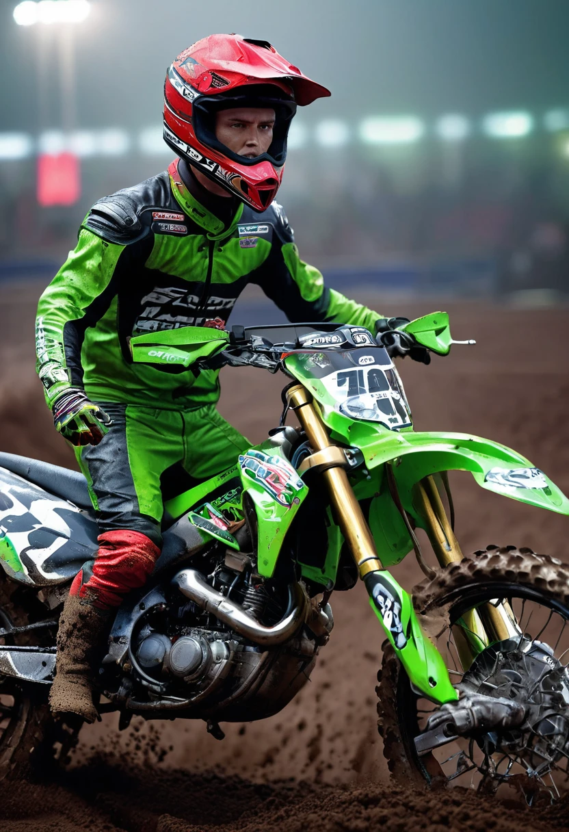 1 man, inside a motorcycle racing track mounted on a dirt bike, red racing outfit dirty with mud, male green eyes, detailed light tanned skin, short blonde hair, muscular, image showing full body, dramatic lighting, composition cinematic, cold palette, night environment, dark colors, atmospheric fog, strong body, thin chin, 25 years (best quality, 4K, 8K, high resolution, art: 1.2), ultra-detailed, (realistic, photorealistic, photorealistic: 1, 37)