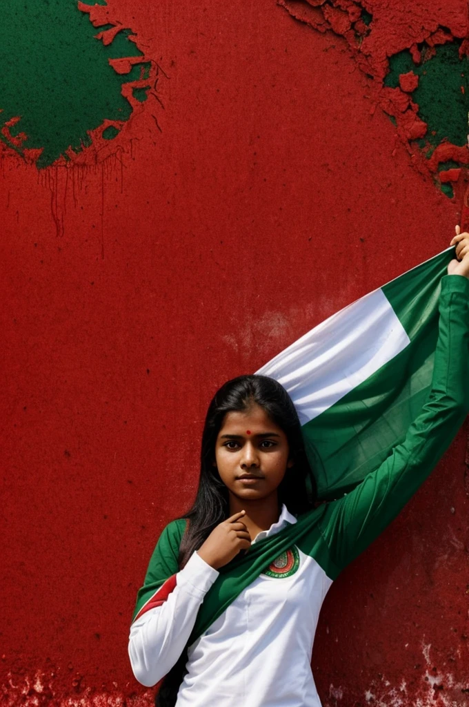 "Create an image of a student holding the Bangladesh flag while covered in blood. The background should have a mixture of black and red blood. The text in the background should read:
- 'Save Bangladeshi Students'
- 'Quota Reform Protest'"