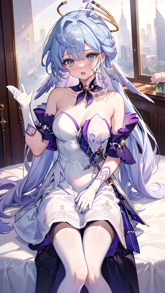 (masterpiece, top quality, best quality, official art, beautiful and aesthetic:1.2),(8k, best quality, masterpiece:1.2), (((masterpiece))),(((best quality))),(((extremely detailed))),illustration,who, (masterpiece, top quality, best quality, official art, beautiful and aesthetic:1.2),(8k, best quality, masterpiece:1.2), looking at viewer, aroused, blush, open mouth, lying, bed sheet, hands up, 1girl,robin_\(honkai:_star_rail\),head_wings,bare_shoulders,white_gloves,detached_sleeves,strapless_dress,white_dress,short_sleeves,white_pantyhose,