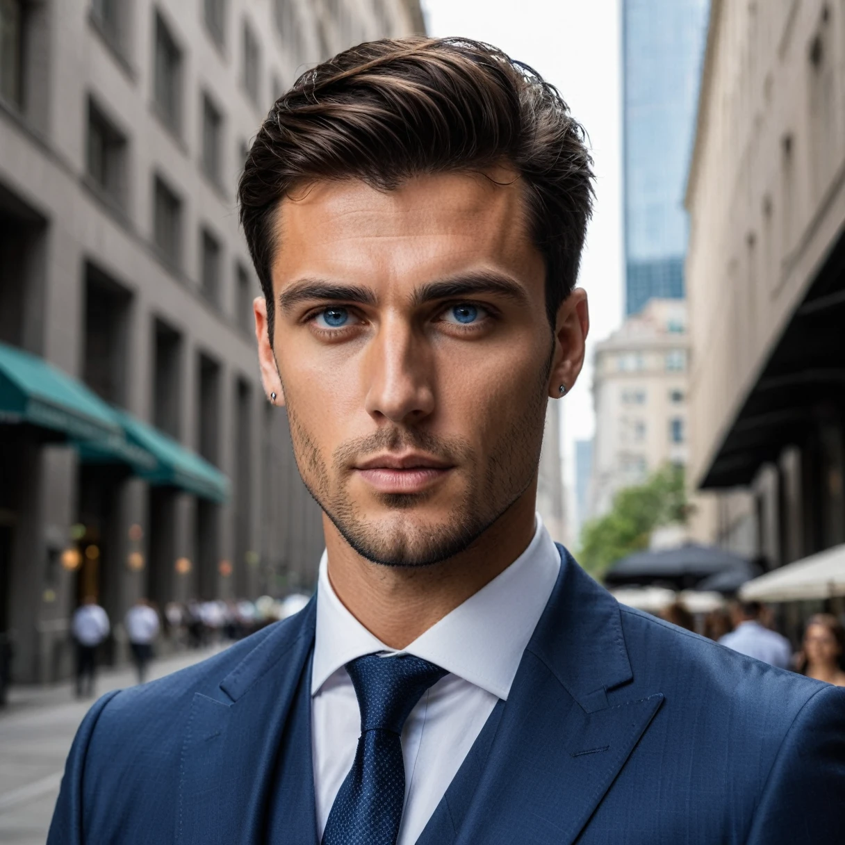 A photorealistic portrait of a 27-year-old Italian man with piercing blue eyes and a towering height of 6'5. He exudes a fit and wealthy aura, dressing in sharp finance attire. The image should be a full body shot captured in 8k HDR with high detail, showcasing the sophistication of his appearance. The man should have a commanding yet approachable expression, illuminated by soft, natural light in an upscale financial district setting.