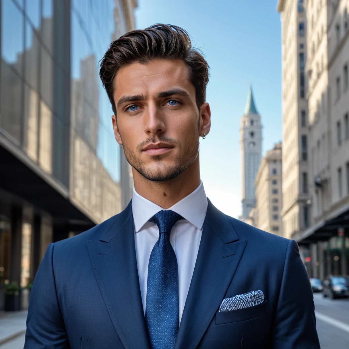 A photorealistic portrait of a 27-year-old Italian man with piercing blue eyes and a towering height of 6'5. He exudes a fit and wealthy aura, dressing in sharp finance attire. The image should be a full body shot captured in 8k HDR with high detail, showcasing the sophistication of his appearance. The man should have a commanding yet approachable expression, illuminated by soft, natural light in an upscale financial district setting.