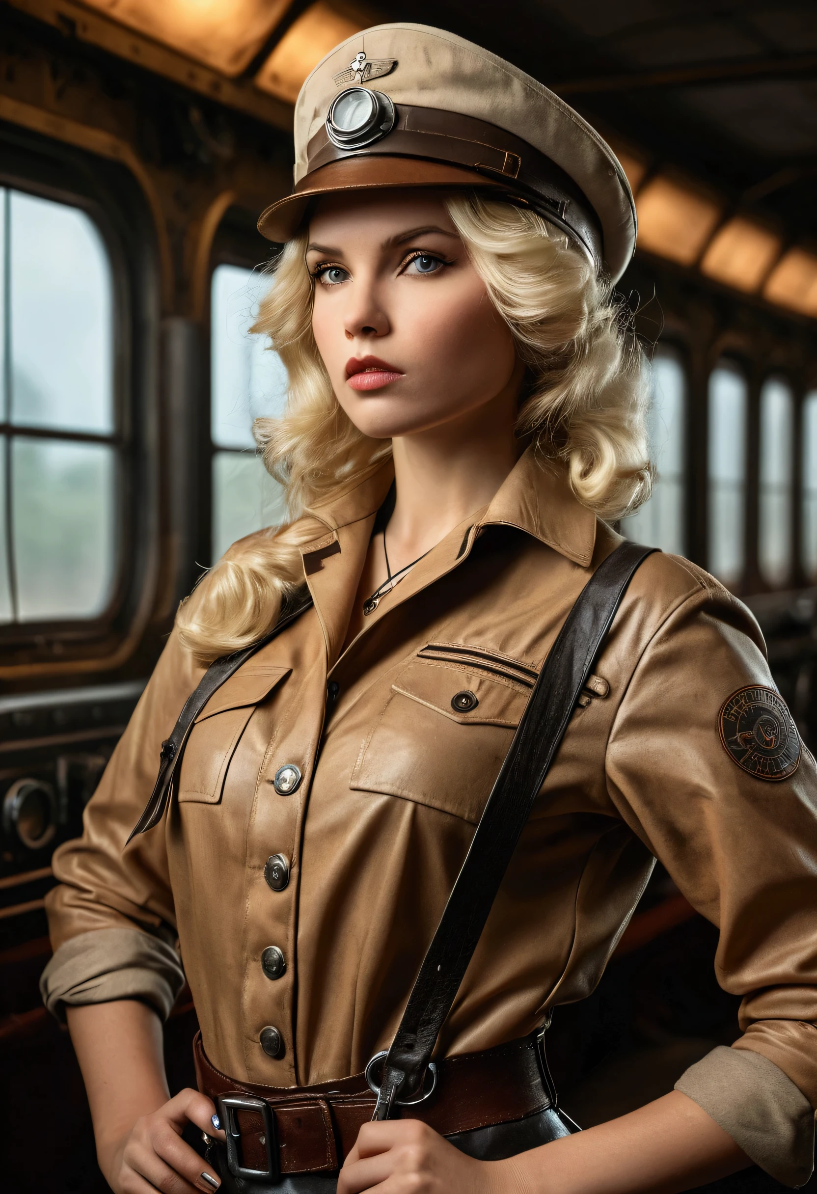 blonder woman, dressed like dieselpunk, model shooting style, (Highly detailed 8k CG wallpaper units), The most beautiful art photos in the world, A magnificent professional (photoshoot:Steve McCurry), 8K Ultra-HD, slr digital, soft lighting, high qualiy, film grain, Fujifilm XT3 sharp focus, 5 ....6, attention to the details, sharp focus, Dramatic, (wearing diselpunk clothes), (looking at the audience:1.2), (naturallight), (Mesmerizing)