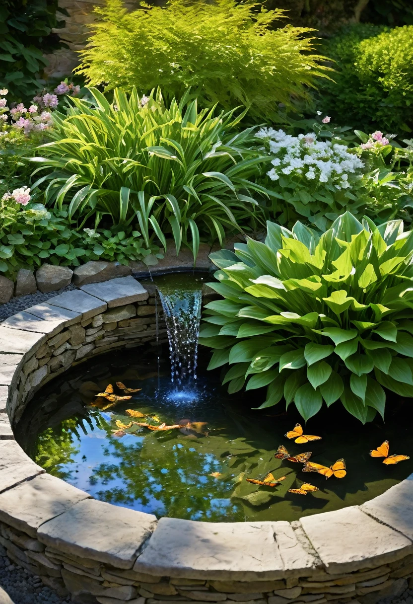 Create an image that embodies osmosis. Imagine a tranquil garden where lush green plants grow abundantly under a clear blue sky. Picture a small pond in the center, its surface reflecting the surrounding foliage and flowers. Include elements such as butterflies flitting gracefully among the blooms, bees buzzing busily from flower to flower, and the gentle rustling of leaves in the breeze. Add details like the sound of water trickling softly from a fountain, the scent of fresh earth and blossoms, and the feeling of sunlight warming the air. Capture the essence of osmosis, illustrating how it signifies harmony, interconnectedness, and the seamless blending of elements within a natural setting.