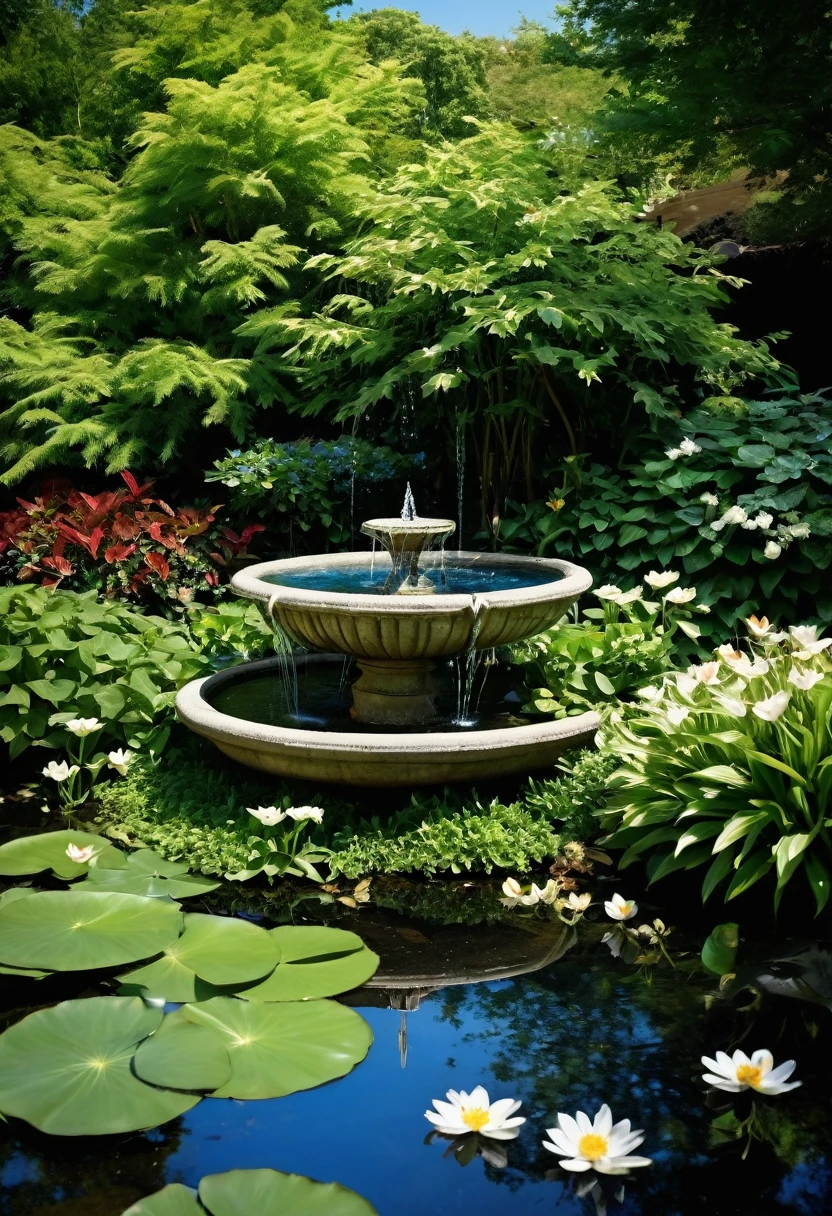 Create an image that embodies osmosis. Imagine a tranquil garden where lush green plants grow abundantly under a clear blue sky. Picture a small pond in the center, its surface reflecting the surrounding foliage and flowers. Include elements such as butterflies flitting gracefully among the blooms, bees buzzing busily from flower to flower, and the gentle rustling of leaves in the breeze. Add details like the sound of water trickling softly from a fountain, the scent of fresh earth and blossoms, and the feeling of sunlight warming the air. Capture the essence of osmosis, illustrating how it signifies harmony, interconnectedness, and the seamless blending of elements within a natural setting.
