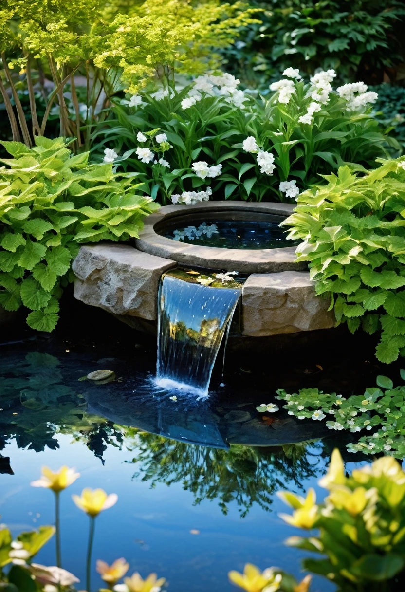 Create an image that embodies osmosis. Imagine a tranquil garden where lush green plants grow abundantly under a clear blue sky. Picture a small pond in the center, its surface reflecting the surrounding foliage and flowers. Include elements such as butterflies flitting gracefully among the blooms, bees buzzing busily from flower to flower, and the gentle rustling of leaves in the breeze. Add details like the sound of water trickling softly from a fountain, the scent of fresh earth and blossoms, and the feeling of sunlight warming the air. Capture the essence of osmosis, illustrating how it signifies harmony, interconnectedness, and the seamless blending of elements within a natural setting.