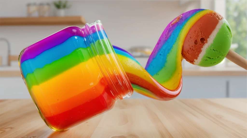 on a wooden table, glass jar with rainbow peanut butter, ice cream dipped in rainbow peanut butter, rainbow peanut butter stretch. against the background of the kitchen .beautiful lighting, Beautiful sunlight, bright lighting, Realistic style , realistic texture, detailed texture, a high resolution, high quality, ultra hd 4k, macro photo