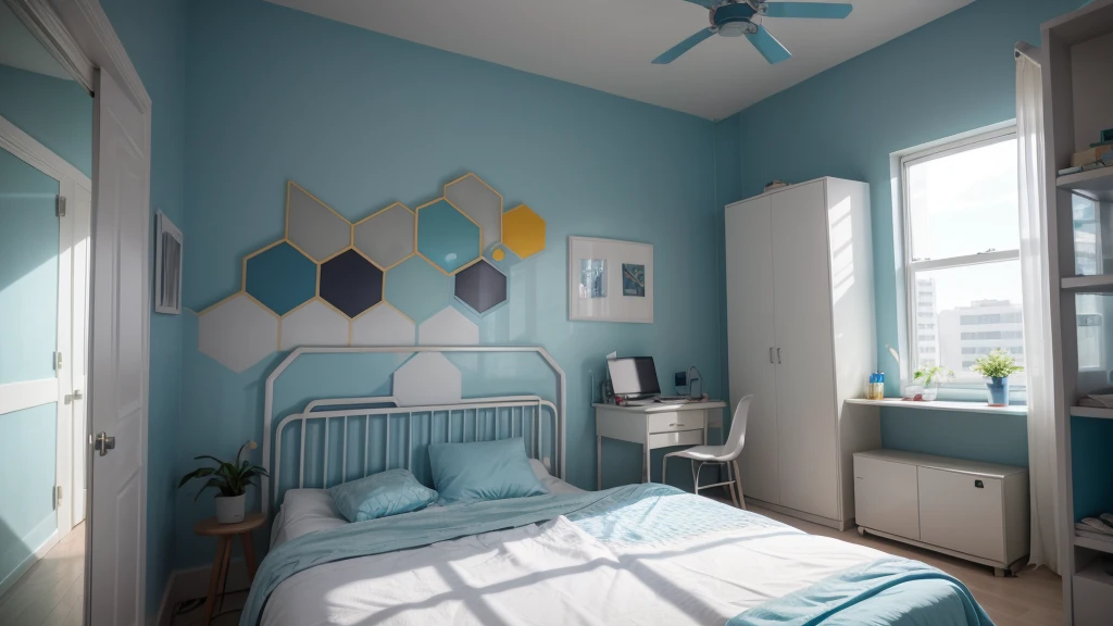 make a long hospital wall with large colorful geometric designs in shades of blue ((no reliefs))