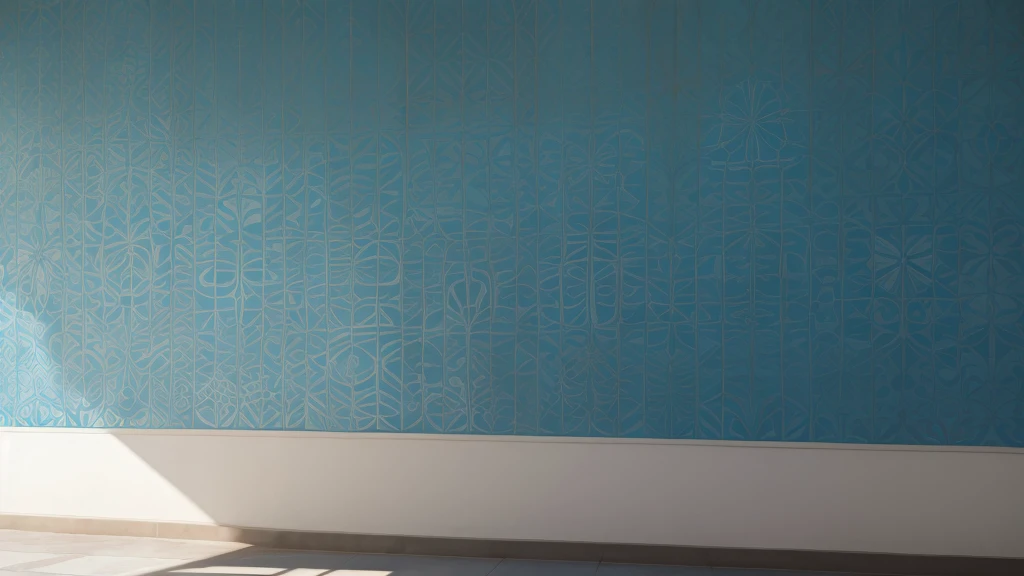 make a long hospital wall with large colorful geometric designs in shades of blue ((no reliefs))