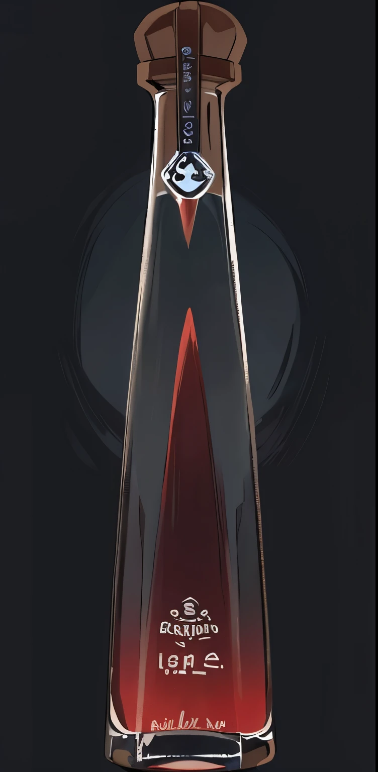 thin triangular-shaped tequila bottle, the glass of the bottle is dark, It has a short and round-shaped lid, the background is white