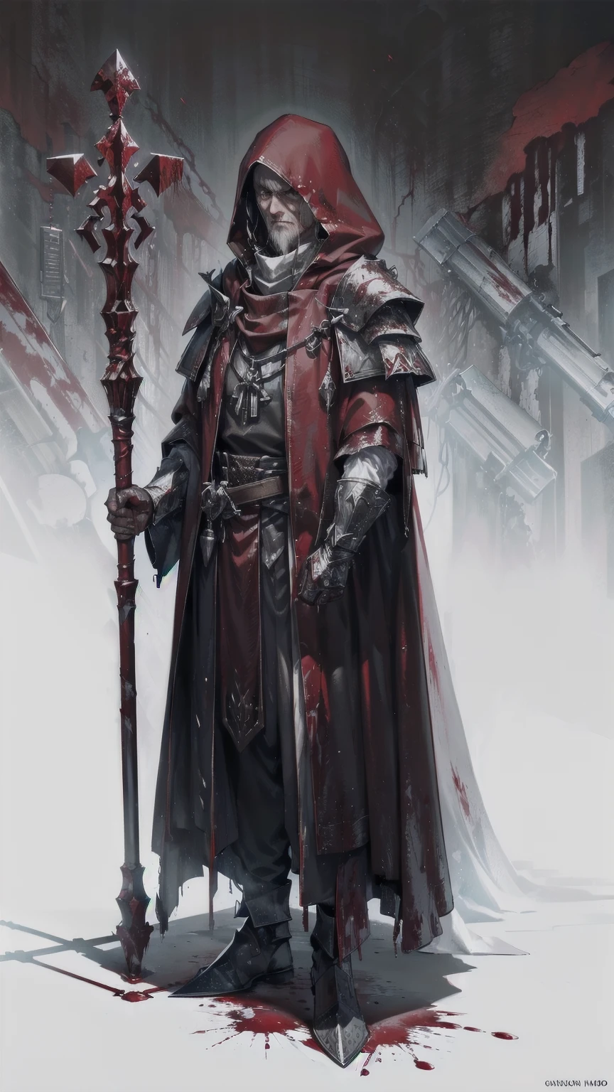 ((blood droplets)), ((blood)), ((blood splatter)), ((blood on clothes)) ((blood stain)), Masterpiece, Superior image quality, high resolution, 4k image, An older adult man, tall, Delgado, hooded, face hidden by the hood, crimson tunic, Wields a long staff with encrusted campaigns