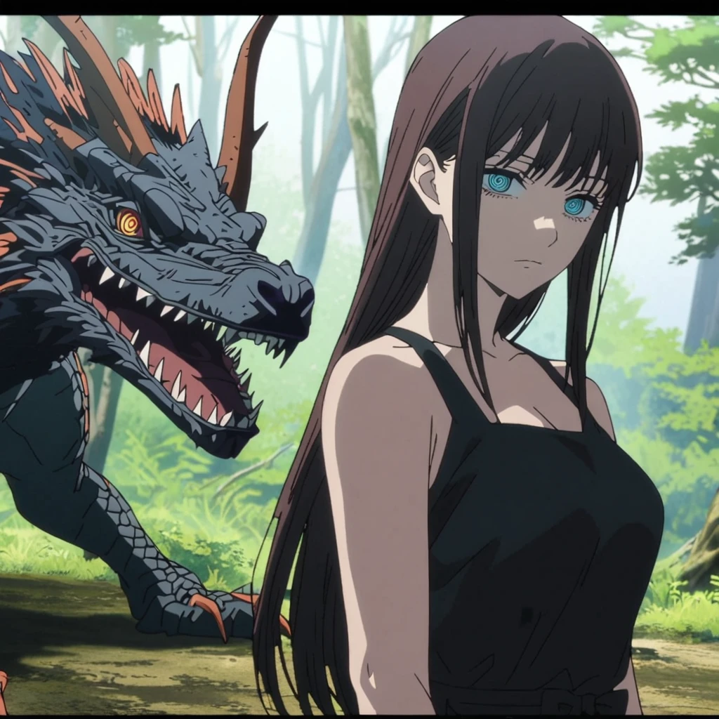 1girl, makima , (makima from Chainsaw man), (anime screen cap), (chainsaw man art style) ((black_hair colour)), breasts, dress, looking_at_viewer, (long_hair, straight hair), dragon, ringed_eyes, black_dress, cleavage, (blue_eyes), bangs, scar, nature, outdoors, tree, solo, upper_body, forest, sleeveless, expressionless, closed_mouth, sleeveless_dress, scar_on_face, bare_shoulders, ((black colour hair))