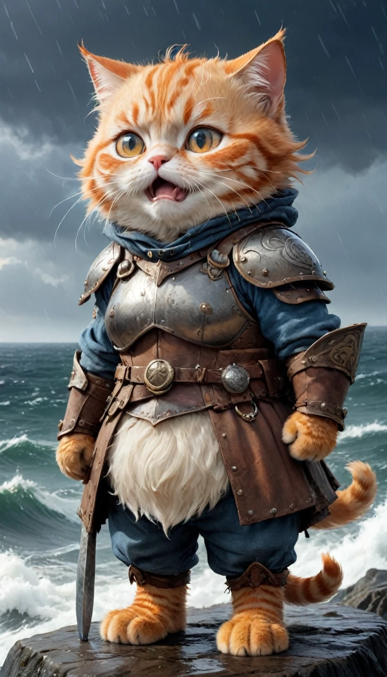 Crying face、tears、small, かわいいto be bornき物, Wearing Viking Armor、 whole body,small , Are standing, Costume, Stormy Sea、 Fantasy art, Exquisite detail, Jean-Baptiste Monge Style, office、Alan Lee Style, Anthropomorphic, Fat, Big-eyed orange cat, Movie Scenes, Dramatic shot angles, , Realistic, to be born々Stunning cinematic photorealism, Action Portrait, 8k, detailed, Full Frame