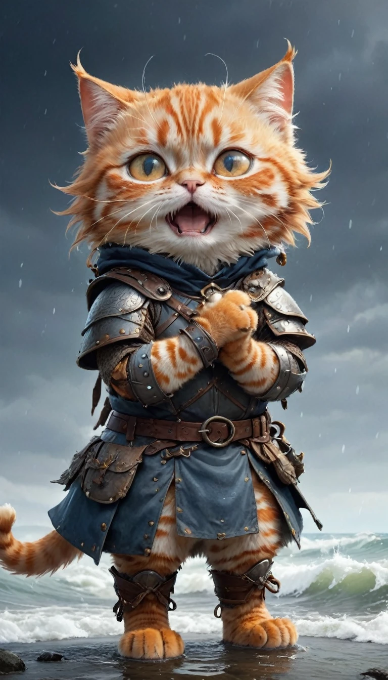Crying face、tears、small, かわいいto be bornき物, Wearing Viking Armor、 whole body,small , Are standing, Costume, Stormy Sea、 Fantasy art, Exquisite detail, Jean-Baptiste Monge Style, office、Alan Lee Style, Anthropomorphic, Fat, Big-eyed orange cat, Movie Scenes, Dramatic shot angles, , Realistic, to be born々Stunning cinematic photorealism, Action Portrait, 8k, detailed, Full Frame