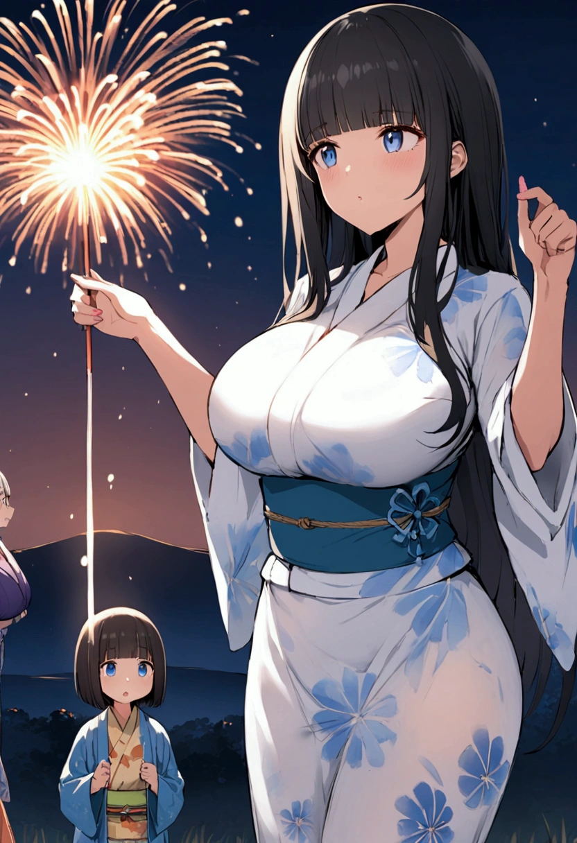 Hime cut with long black hair、Full-body illustration of a girl with straight bangs and blue eyes、Have big breasts、Wearing a yukata、Watching the fireworks explode