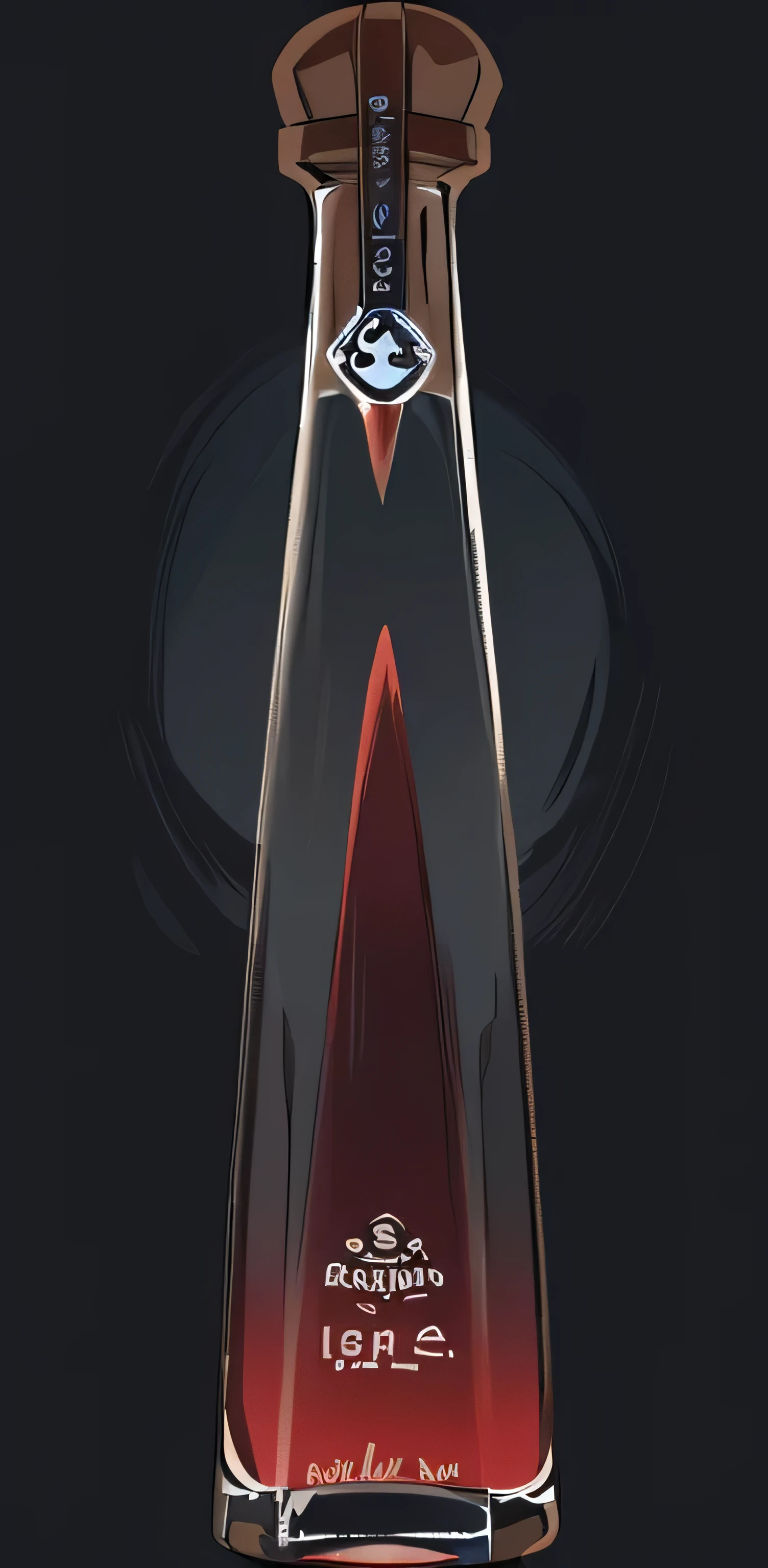 thin triangular-shaped tequila bottle, the glass of the bottle is dark, It has a short and round-shaped lid, the background is white