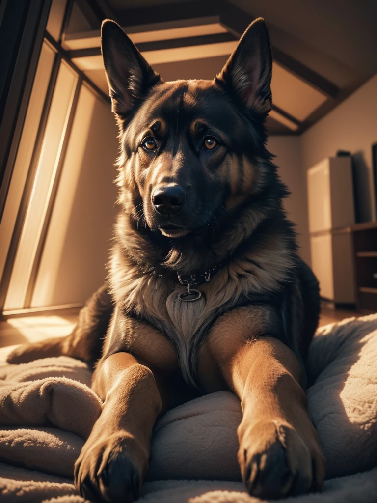 a German Shepherd, Detailed fur structure, lying in the dog bed in the living room, (best quality,4K,8k,highres,masterpiece:1.2),Ultra-detail,(realisti,photorealisti,photo-realisti:1.37),Film composition,Atmospheric color palette,depth of field,Professional 3D rendering