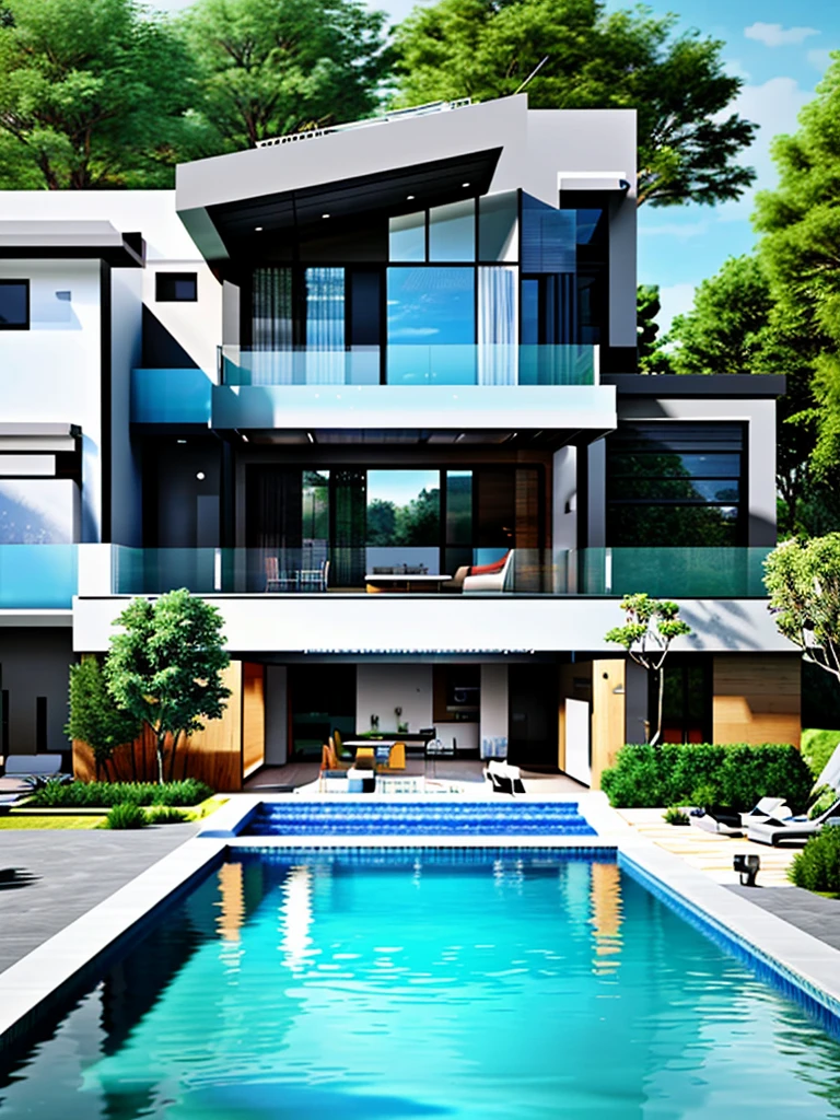 Modern villa with pool of different models with different materials hyper realistic super detailed Dynamic shot master piece scene