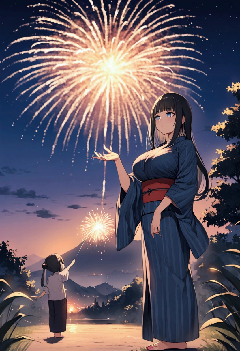 Hime cut with long black hair、Full-body illustration of a girl with straight bangs and blue eyes、Have big breasts、Wearing a yukata、Watching the fireworks explode