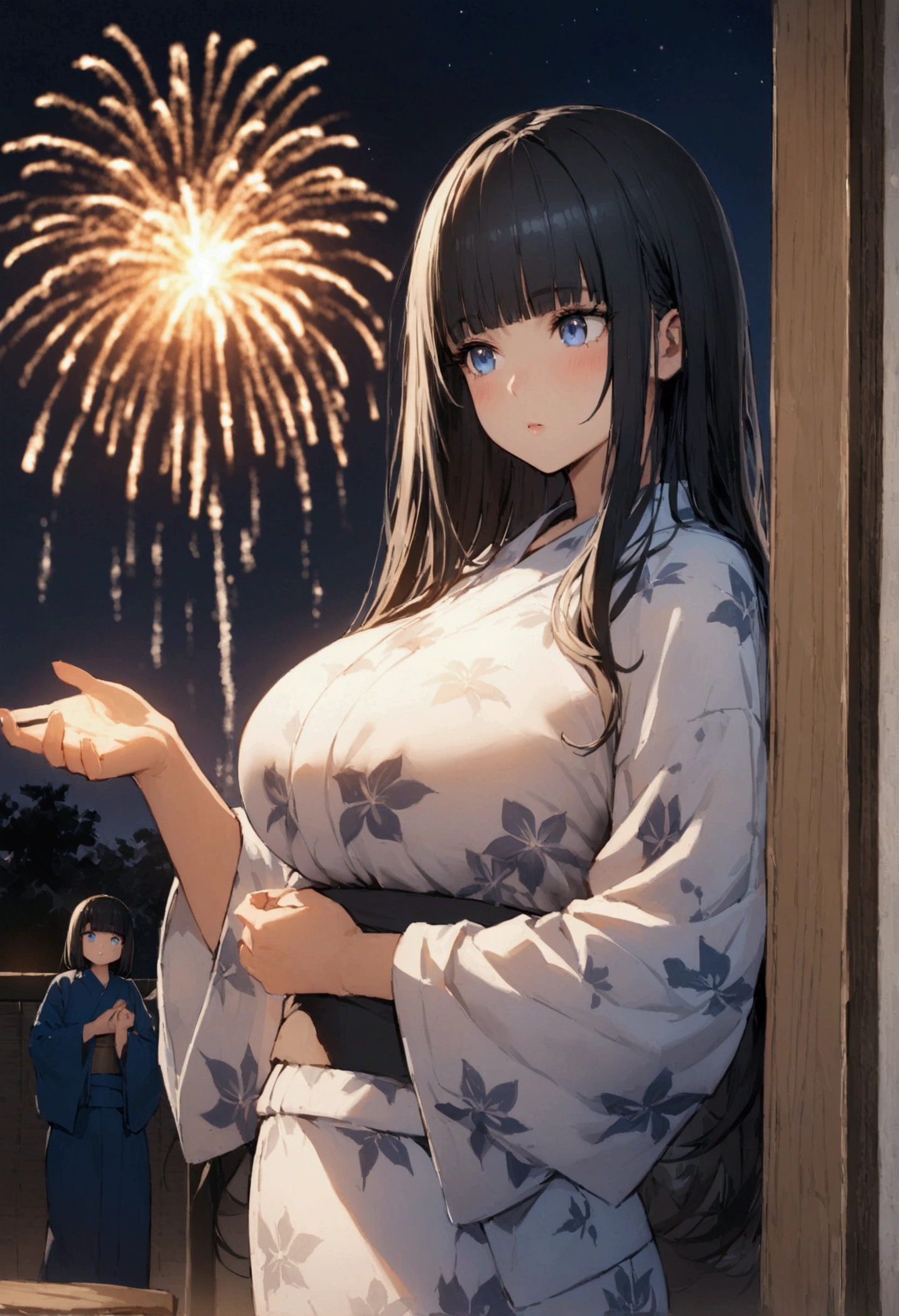 Hime cut with long black hair、Full-body illustration of a girl with straight bangs and blue eyes、Have big breasts、Wearing a yukata、Watching the fireworks explode、Smoking a cigarette、
