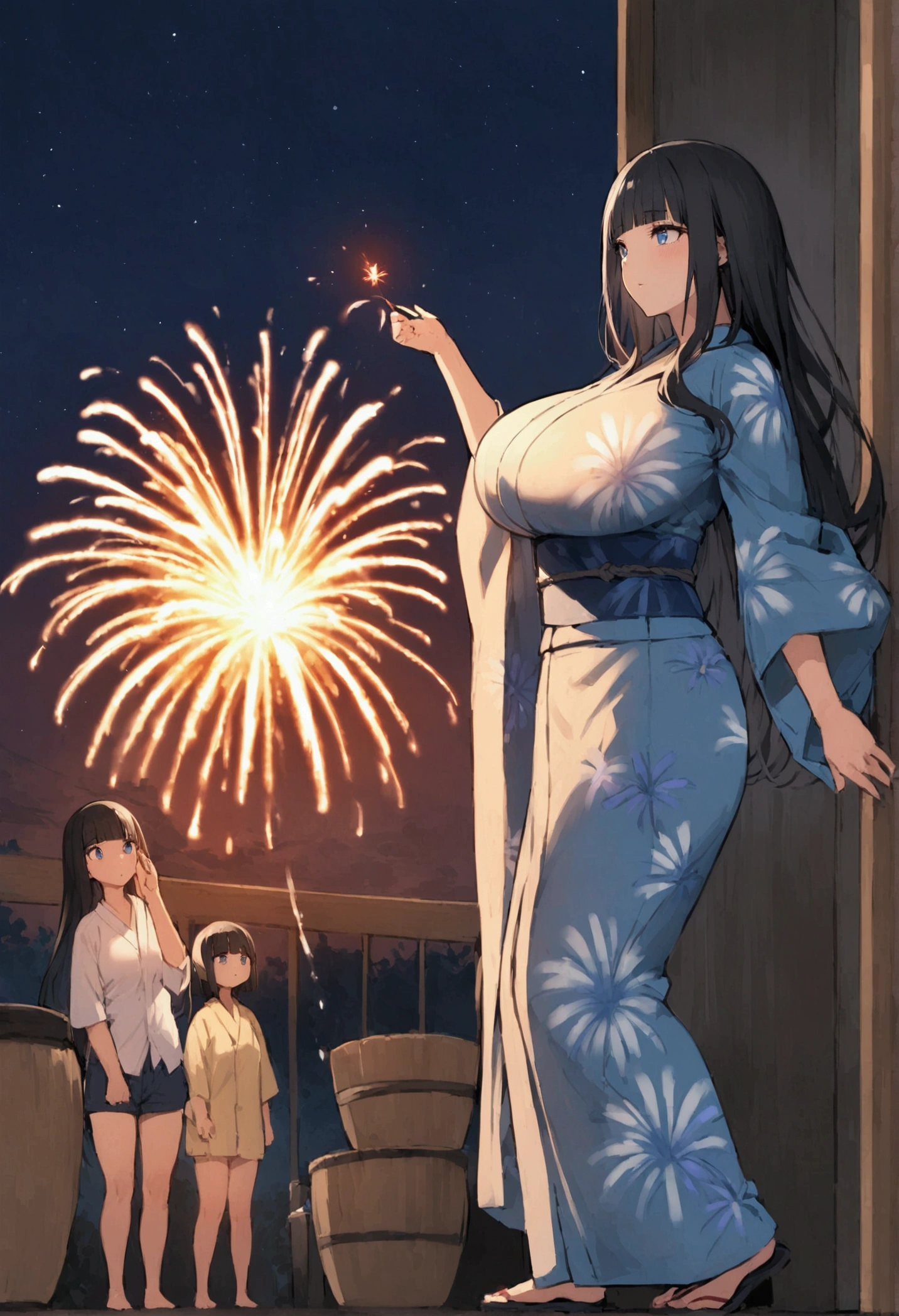 Hime cut with long black hair、Full-body illustration of a girl with straight bangs and blue eyes、Have big breasts、Wearing a yukata、Watching the fireworks explode