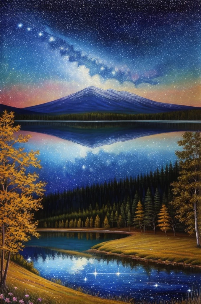 a painting of a lake with trees and stars in the sky, beautiful color art!, starry-night!!!!!!!!!!!!!!!!!!!!, colorful night sky, gorgeous painting, beautiful painting, colorful skies, stary night painting, ✏️🎨, stunning painting, beauttiful stars, stars and paisley filled sky, 🌲🌌, starry skies, by Justin Gerard, mystical colors