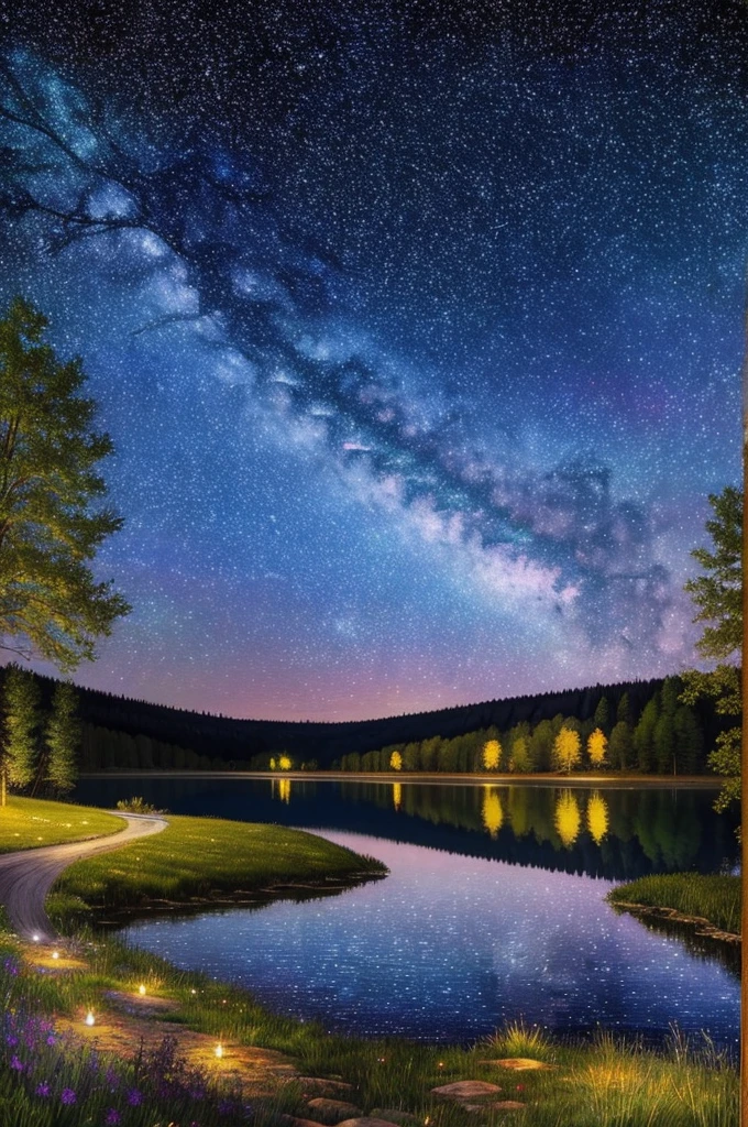 a painting of a lake with trees and stars in the sky, beautiful color art!, starry-night!!!!!!!!!!!!!!!!!!!!, colorful night sky, gorgeous painting, beautiful painting, colorful skies, stary night painting, ✏️🎨, stunning painting, beauttiful stars, stars and paisley filled sky, 🌲🌌, starry skies, by Justin Gerard, mystical colors