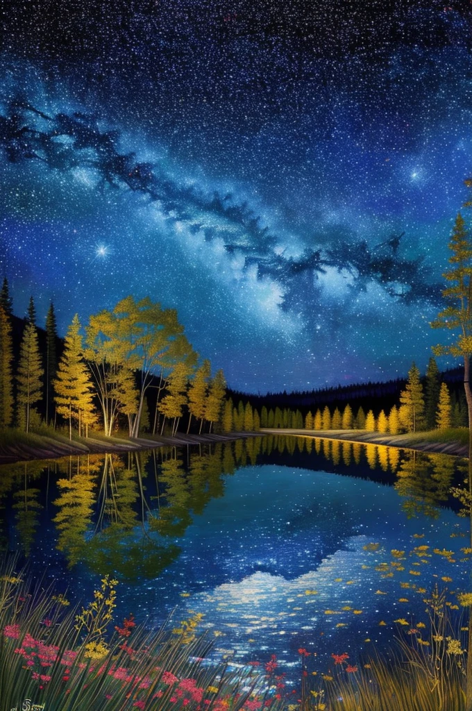 a painting of a lake with trees and stars in the sky, beautiful color art!, starry-night!!!!!!!!!!!!!!!!!!!!, colorful night sky, gorgeous painting, beautiful painting, colorful skies, stary night painting, ✏️🎨, stunning painting, beauttiful stars, stars and paisley filled sky, 🌲🌌, starry skies, by Justin Gerard, mystical colors