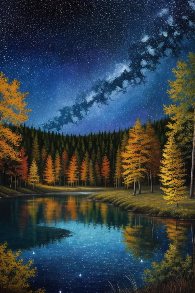 a painting of a lake with trees and stars in the sky, beautiful color art!, starry-night!!!!!!!!!!!!!!!!!!!!, colorful night sky, gorgeous painting, beautiful painting, colorful skies, stary night painting, ✏️🎨, stunning painting, beauttiful stars, stars and paisley filled sky, 🌲🌌, starry skies, by Justin Gerard, mystical colors