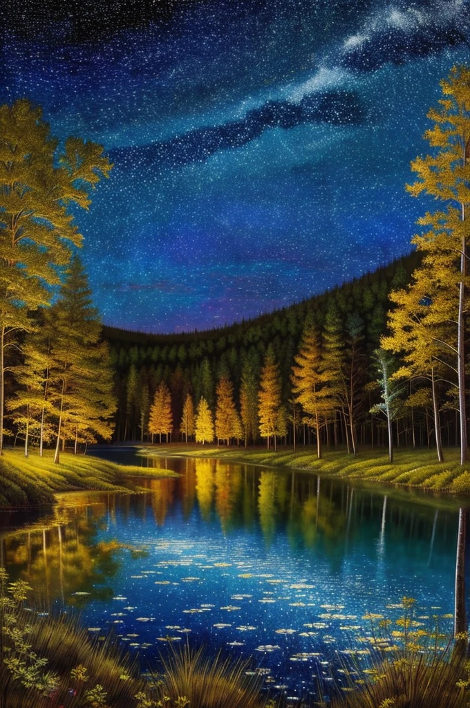 a painting of a lake with trees and stars in the sky, beautiful color art!, starry-night!!!!!!!!!!!!!!!!!!!!, colorful night sky, gorgeous painting, beautiful painting, colorful skies, stary night painting, ✏️🎨, stunning painting, beauttiful stars, stars and paisley filled sky, 🌲🌌, starry skies, by Justin Gerard, mystical colors