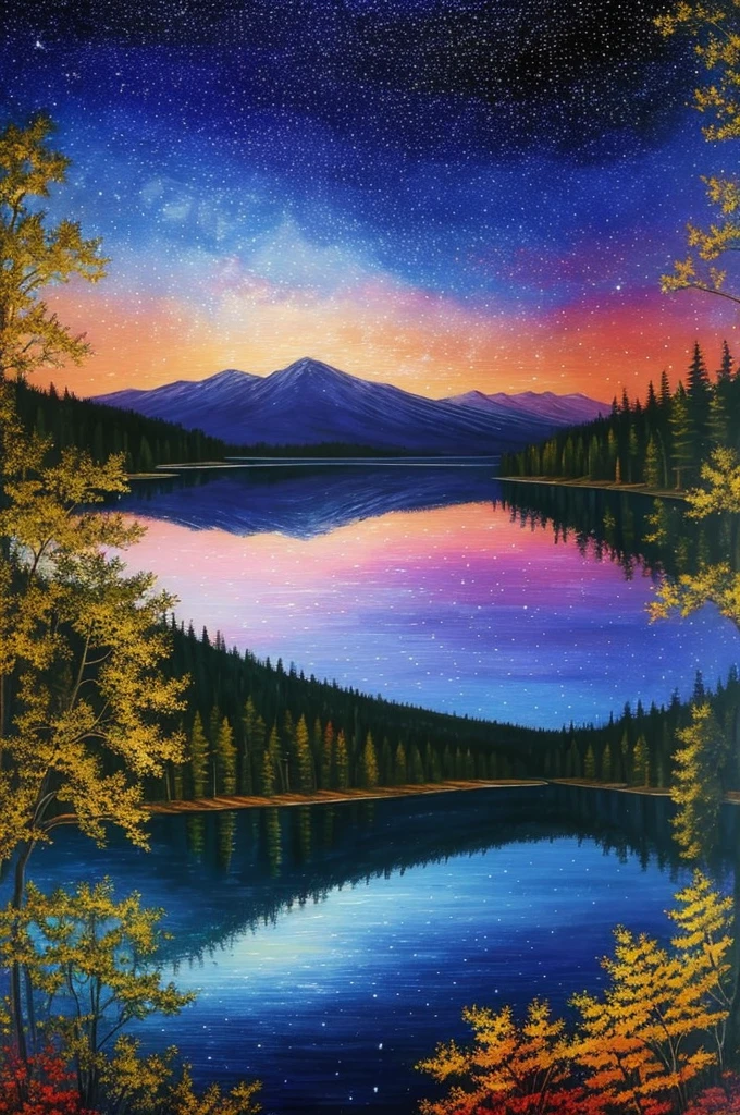 a painting of a lake with trees and stars in the sky, beautiful color art!, starry-night!!!!!!!!!!!!!!!!!!!!, colorful night sky, gorgeous painting, beautiful painting, colorful skies, stary night painting, ✏️🎨, stunning painting, beauttiful stars, stars and paisley filled sky, 🌲🌌, starry skies, by Justin Gerard, mystical colors