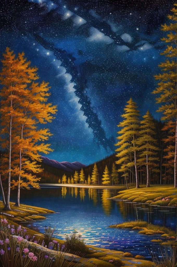 a painting of a lake with trees and stars in the sky, an acrylic painting by Justin Gerard, tumblr, space art, beautiful color art!, starry-night!!!!!!!!!!!!!!!!!!!!, colorful night sky, gorgeous painting, beautiful painting, colorful skies, stary night painting, ✏️🎨, stunning painting, beauttiful stars, stars and paisley filled sky, 🌲🌌