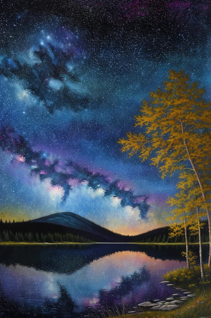 a painting of a lake with trees and stars in the sky, an acrylic painting by Justin Gerard, tumblr, space art, beautiful color art!, starry-night!!!!!!!!!!!!!!!!!!!!, colorful night sky, gorgeous painting, beautiful painting, colorful skies, stary night painting, ✏️🎨, stunning painting, beauttiful stars, stars and paisley filled sky, 🌲🌌