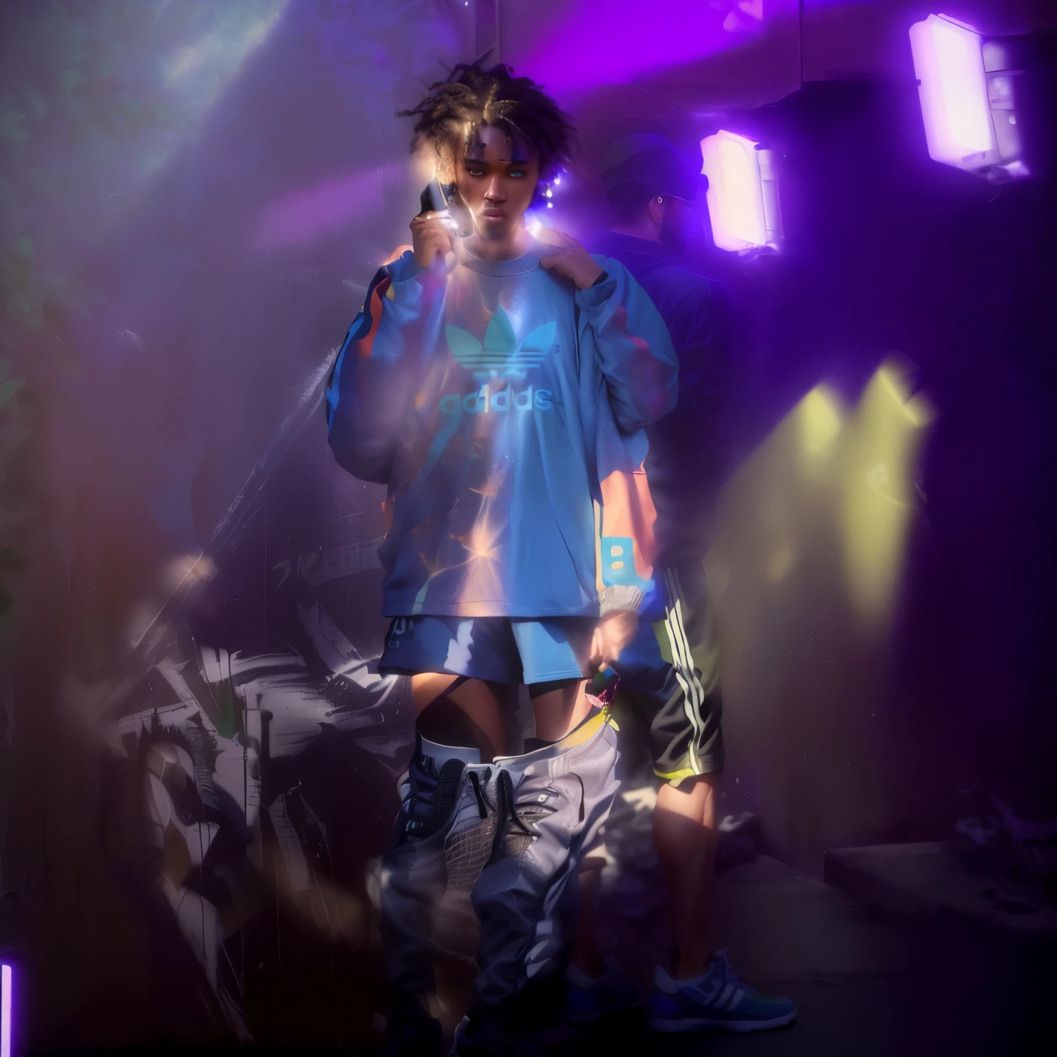 There is a man standing on the sidewalk talking on his cell phone, wearing adidas clothes, addidas, trend in r/urban fashion, man with adidas sweatshirt, Andreia Rocha, malika favre, by Fernando Gerassi, adidas, USA-September 20, mid 9 0 s, green legs, wearing shorts and t-shirt, Nick Silva