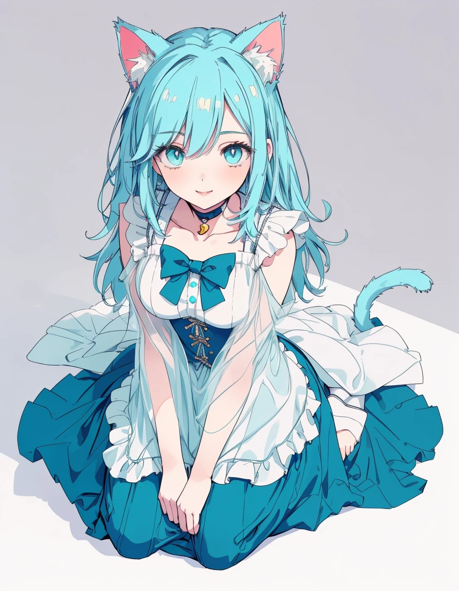 smile, magician, magicians robe, full body, ((masterpiece, best quality:1.5)), ((Beautiful detailed cat aqua eyes:1.2)), cat ears, pale skin, medium breasts, beautiful hands, beautiful fingers, EasyNegative