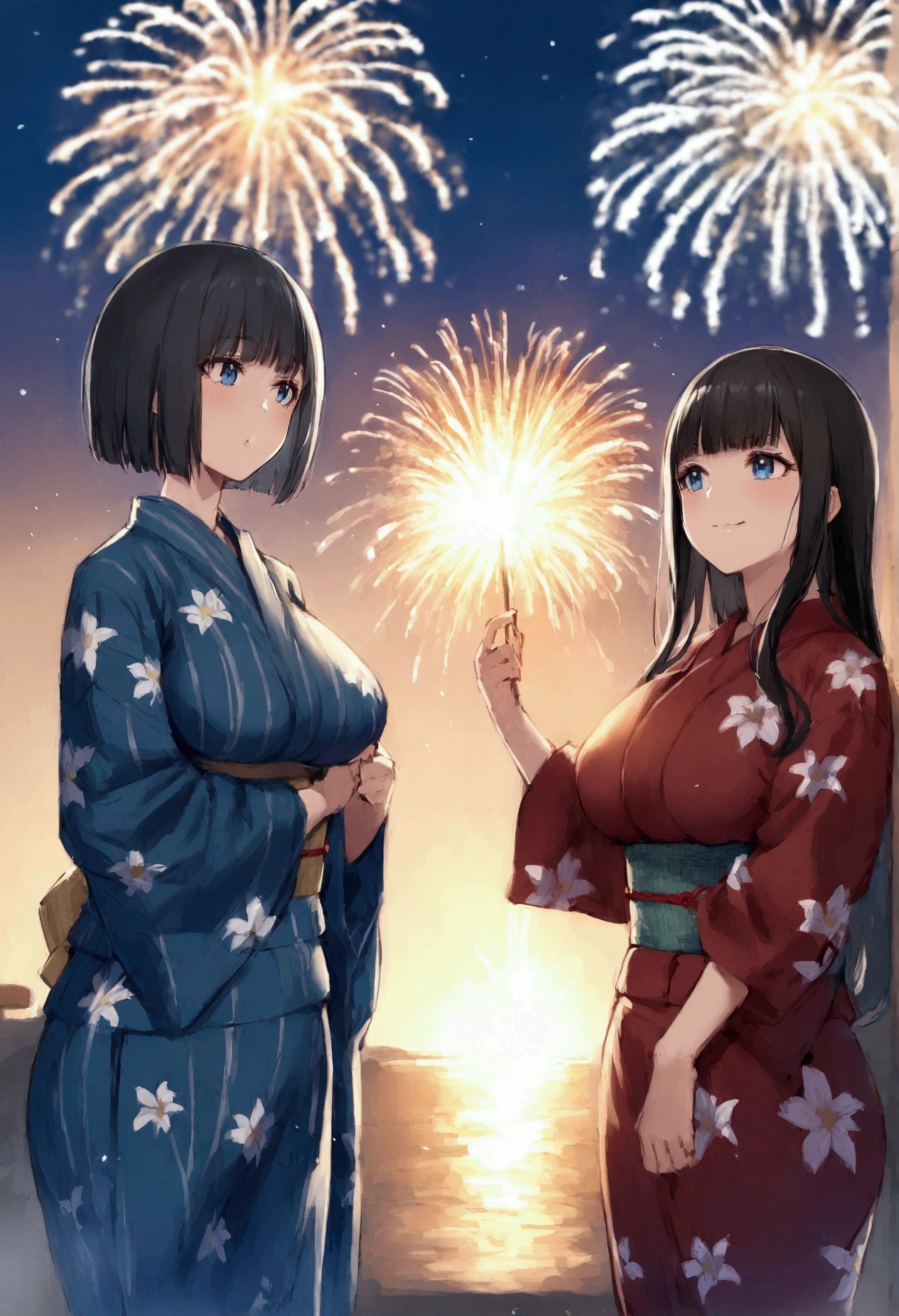 Hime cut with long black hair、Full-body illustration of a girl with straight bangs and blue eyes、Have big breasts、Wearing a yukata、Watching the fireworks explode