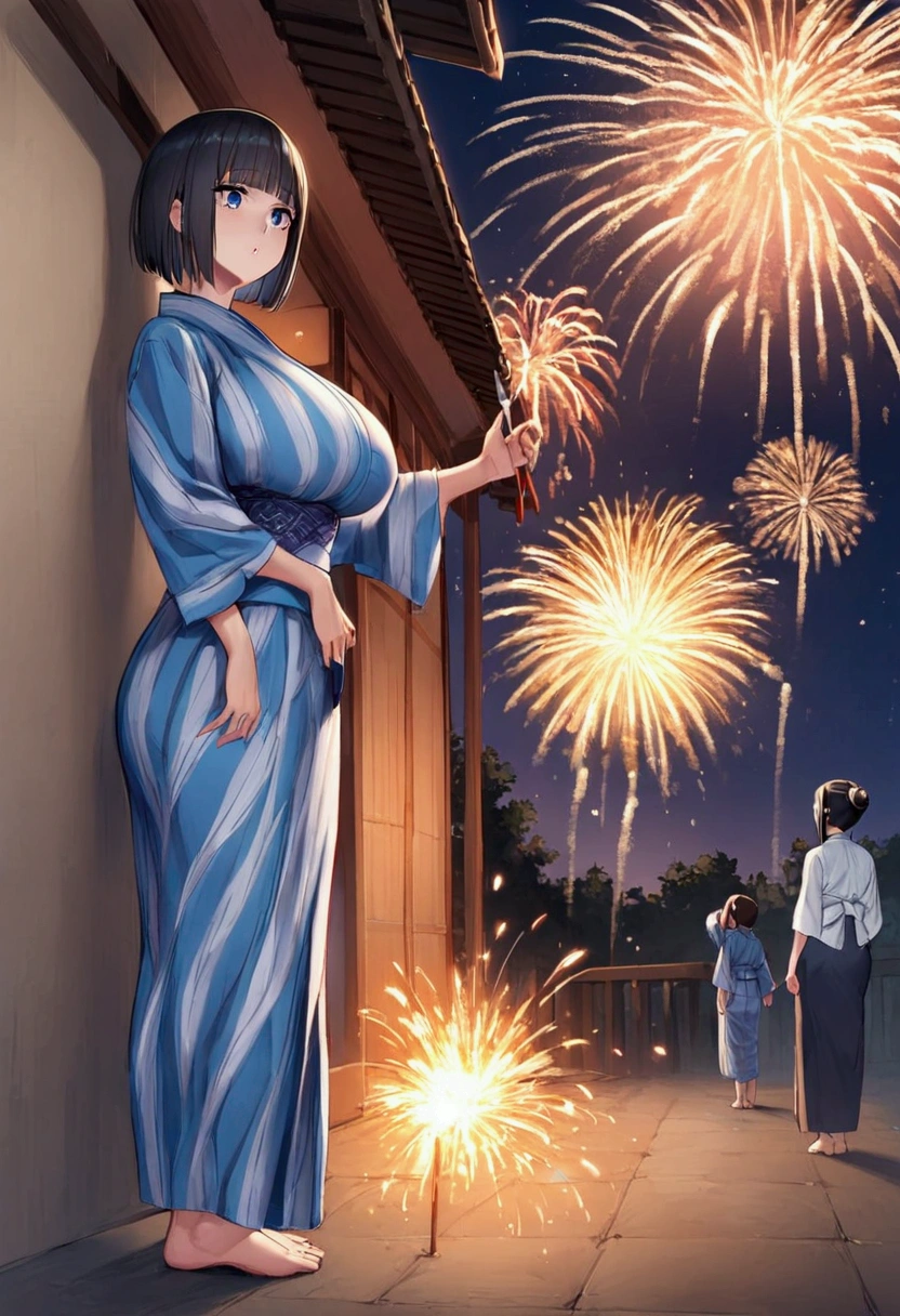 yukata, night, fireworks, 1girl, gigantic sagging breast, ahegao, cry, Drooling, Sexual climax、On all fours、