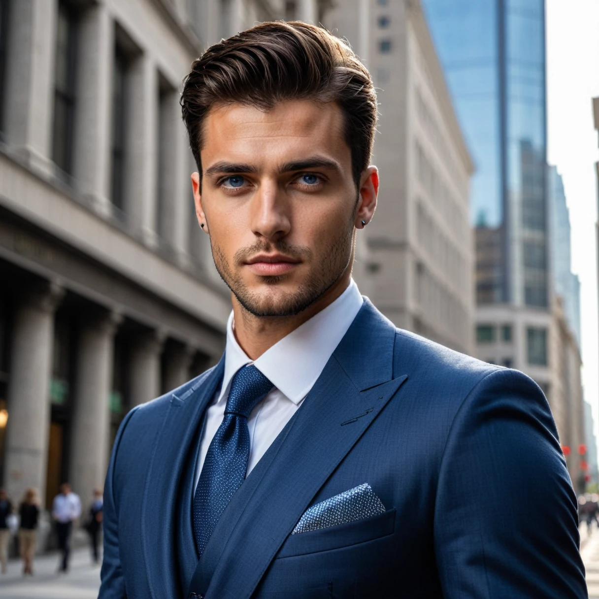 A photorealistic portrait of a 27-year-old Italian man with piercing blue eyes and a towering height of 6'5. He exudes a fit and wealthy aura, dressing in sharp finance attire. The image should be a full body shot captured in 8k HDR with high detail, showcasing the sophistication of his appearance. The man should have a commanding yet approachable expression, illuminated by soft, natural light in an upscale financial district setting.