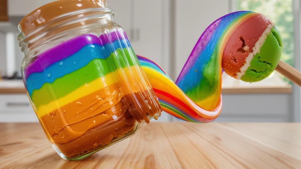 on a wooden table, glass jar with rainbow peanut butter, ice cream dipped in rainbow peanut butter, rainbow peanut butter stretch. against the background of the kitchen .beautiful lighting, Beautiful sunlight, bright lighting, Realistic style , realistic texture, detailed texture, a high resolution, high quality, ultra hd 4k, macro photo