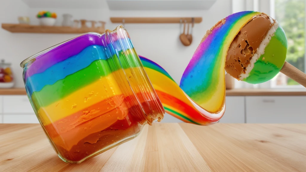 on a wooden table, glass jar with rainbow peanut butter, ice cream dipped in rainbow peanut butter, rainbow peanut butter stretch. against the background of the kitchen .beautiful lighting, Beautiful sunlight, bright lighting, Realistic style , realistic texture, detailed texture, a high resolution, high quality, ultra hd 4k, macro photo 