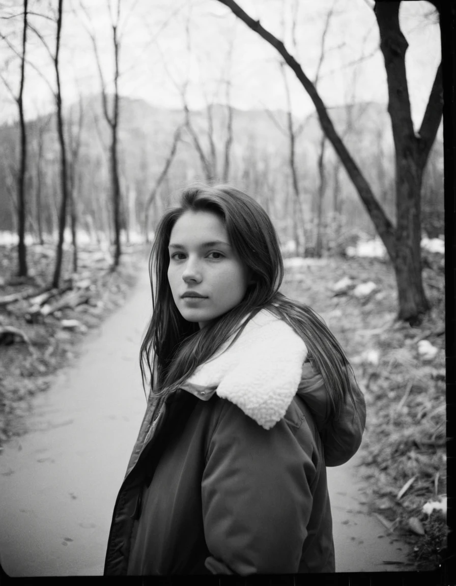 black and white, girl in winter, long hair, taken with Holga 120N, face out of focus, light leaks. film grain, 1000 ISO