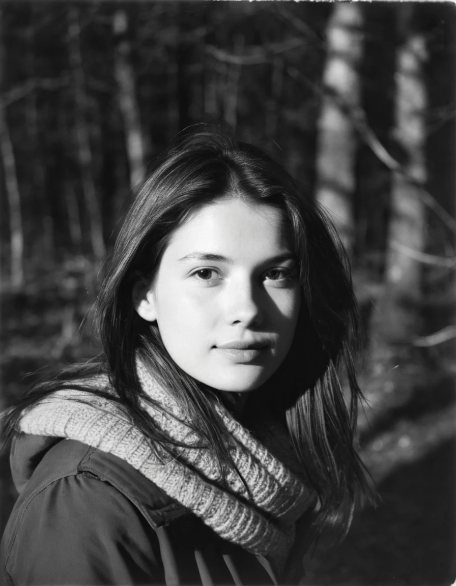 black and white, girl in winter, long hair, taken with Holga 120N, face out of focus, light leaks. film grain, 1000 ISO