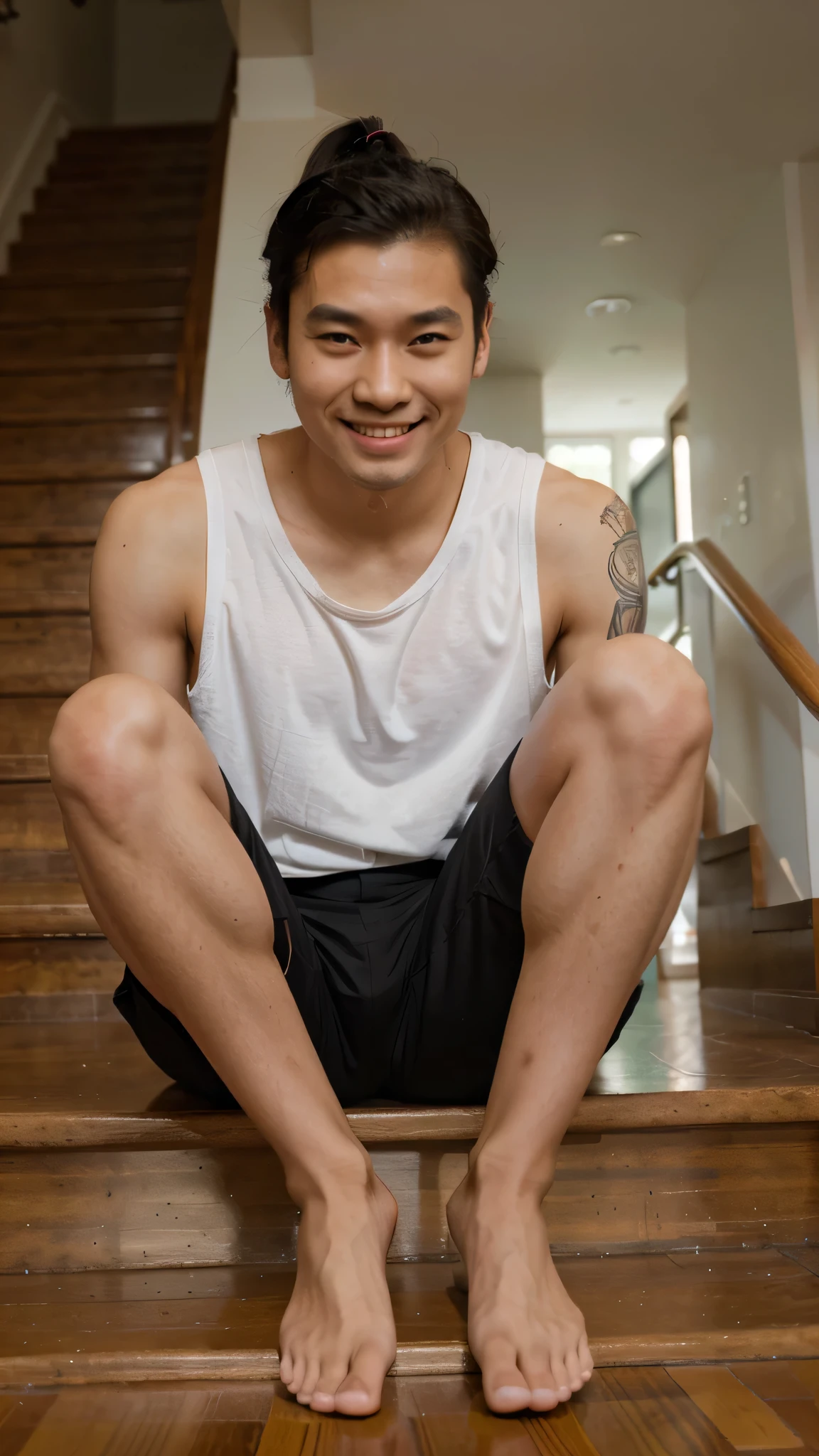 slim asian wearing man with ponytail on top of head, sitting on the stairs, smile