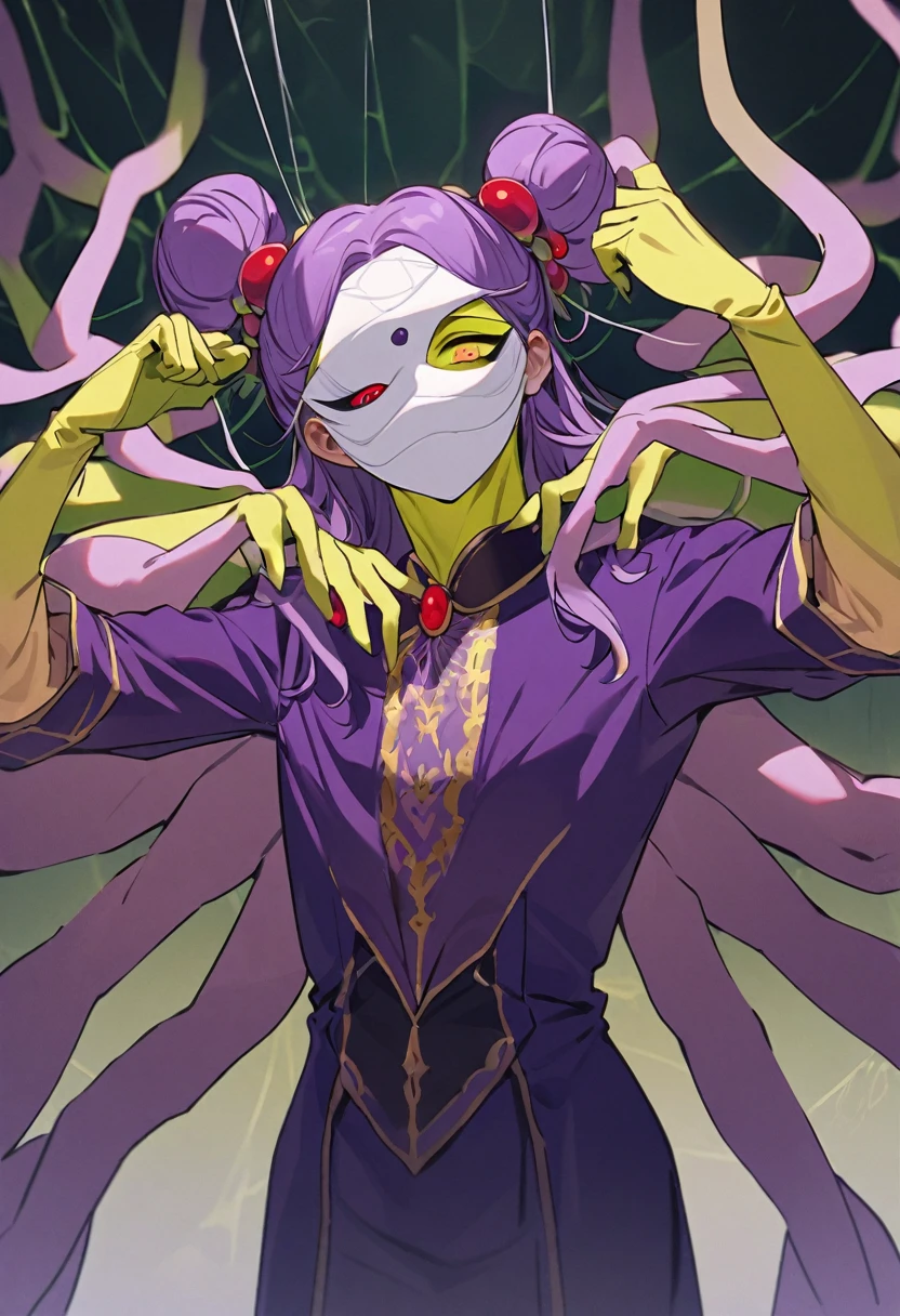 a very tall and white man, he is wearing an old French purple costume, he has six arms and wears yellow gloves on each of his six hands, he wears a purple wig with bangs and two buns and a white mask with red dots around the eyes that covers your entire face. He has a blue right eye and is blind in the left eye, he hangs from a green spider's web as if he were dancing, he is a strange and hideous yet strangely attractive monster.