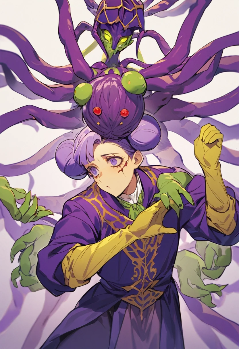 a very tall and white man, he is wearing an old French purple costume, he has six arms and wears yellow gloves on each of his six hands, he wears a purple wig with bangs and two buns and a white mask with red dots around the eyes that covers your entire face. He has a blue right eye and is blind in the left eye, he hangs from a green spider's web as if he were dancing, he is a strange and hideous yet strangely attractive monster.