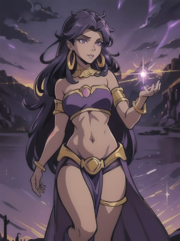 Fantasy style, Fantasy environment, A beautiful young sorceress (1 girl), dark-skinned female, with long purple flowing hair, purple eyes, purple iris, mascaras purple eyeshadow, smile, purple lipstick, medium breasts, ((Wearing: golden ringed earrings, purple cape, purple strapless top, purple loincloth, pelvic curtain, golden armlets, golden boots)), looking mature and alluring at 28 years old, (detailed eyes, detailed lips, extremely detailed face), both hands glowing bright purple, purple magic, bright purple sparks in both hands, intricate detailed portrait, photo realistic, 8k, highly detailed, cinematic lighting, warm color palette, castle ruins background, detailed foliage, golden hour lighting, dramatic lighting, dramatic pose, sensual, alluring, captivating gaze, masterpiece, (Night time, ethereal and magical atmosphere, outdoors, dark clouds in the sky, purple lighting, purple and magenta aroura's in the surroundings, gorgeous view of the mountains)
