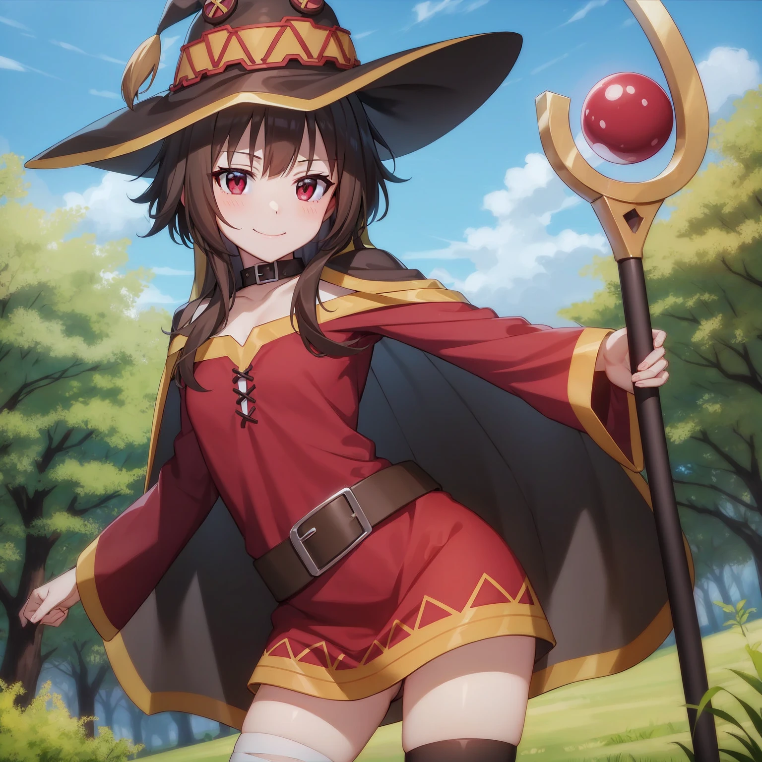 Megumin sitting on a bed smiling