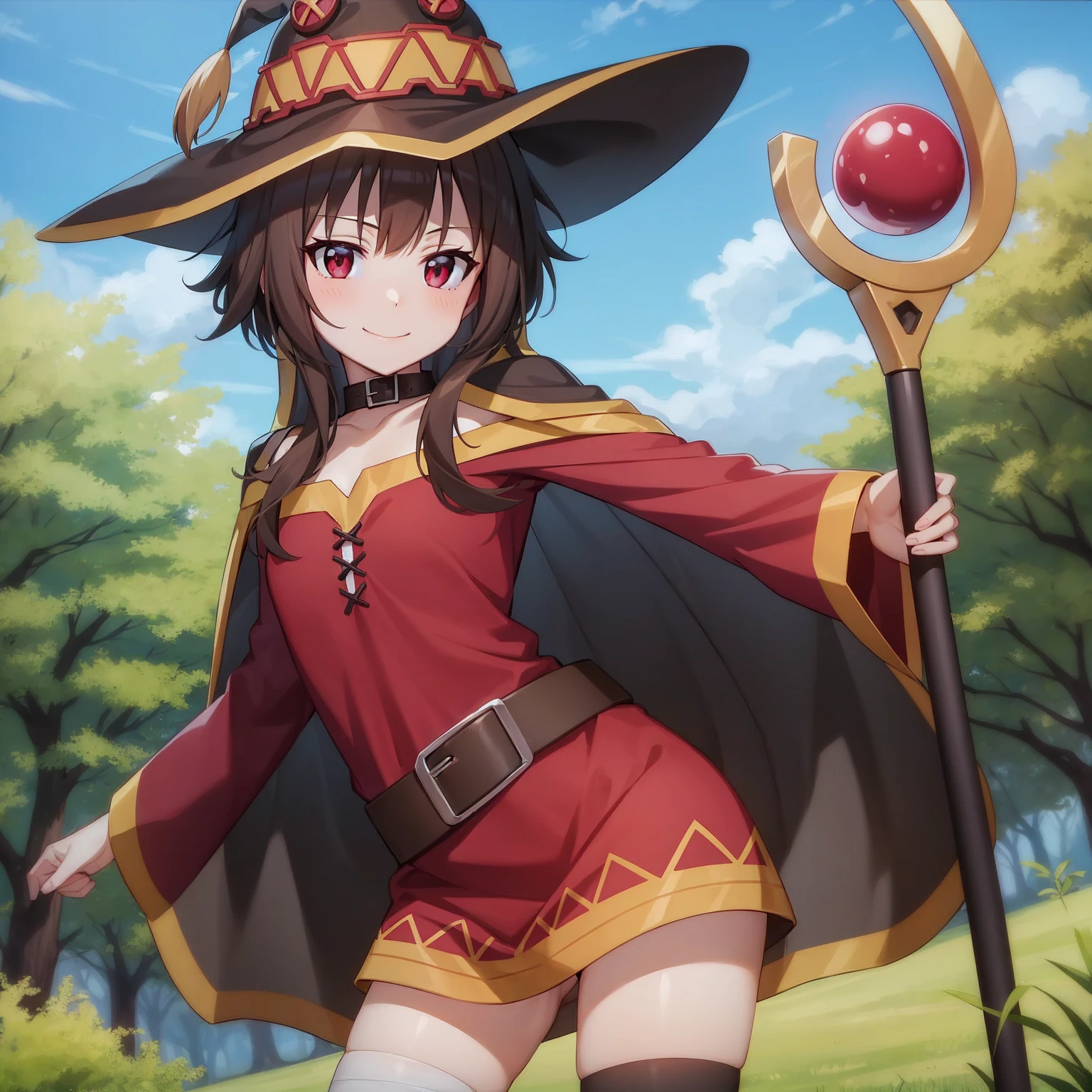 Megumin sitting on a bed smiling
